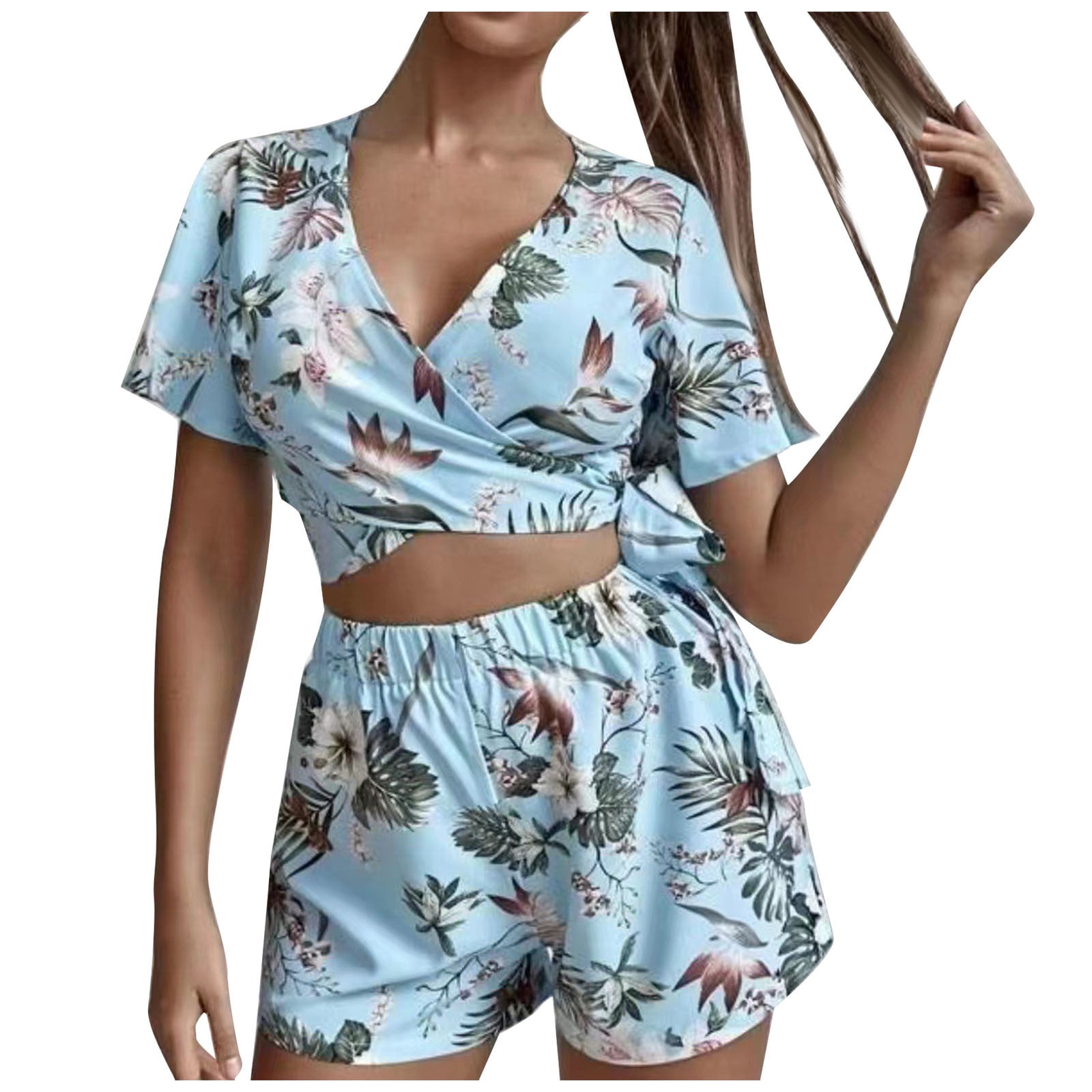  Plus Size Boho 2 Piece Outfits for Women Summer V Neck Leaves  Print Crop Top Shorts Set : Clothing, Shoes & Jewelry