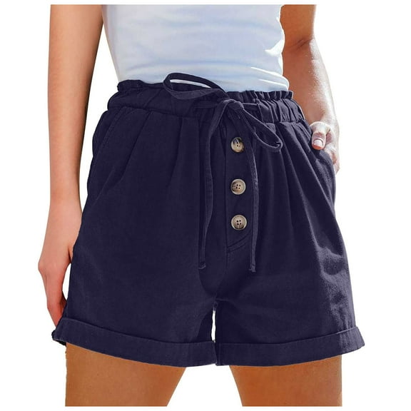 Boho Shorts for Women Cotton Linen Elastic Waist Button Summer Casual Loose ted Lounge Shorts Solid Beach Wear (X-Large, Navy)