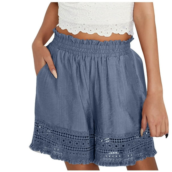 Boho Shorts for Women High Waisted Hollow out Tassels Hem Wide Leg Short Pants Summer Beach Wear Vacation Shorts (X-Large, Blue)