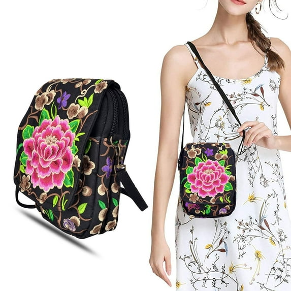 Syenll Vintage Shoulder Bag, Women Floral Embroidered Purse, Boho Ethnic Crossbody Bags for Women, Small Coins Purse, Red