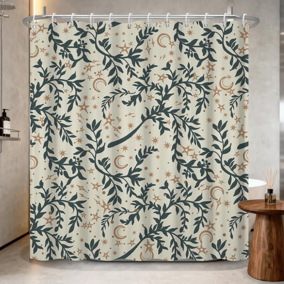 Boho Shower Curtain 72x72 Inch - Celestial Moon & Botanical Vine Print Waterproof Bathroom Curtain with Rust-Proof Hooks Included, Bohemian Rustic Farmhouse Decor for Standard Bathtub