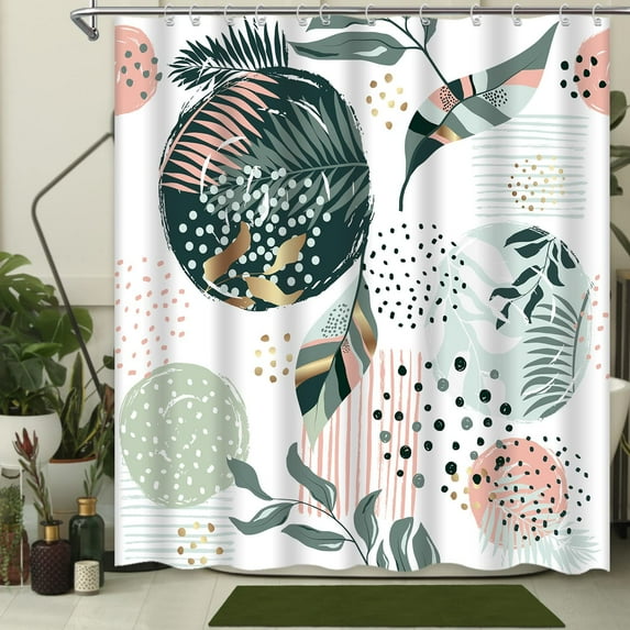 Boho Shower Curtain Abstract Mid Century Black Grey Gold Colorful Chic Modern Geometric Leaves Plant Neutral Minimalist Bathroom Curtain Decor Set with 12 Hooks Waterproof Fabric, 72" x 72"