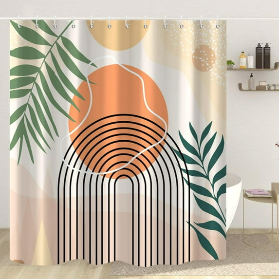 Boho Shower Curtain, Abstract Mid Century Modern Arch Sun Leaf Machine Washable Waterproof Fabric for Bathroom Bathtub Decor with Hooks 72x72