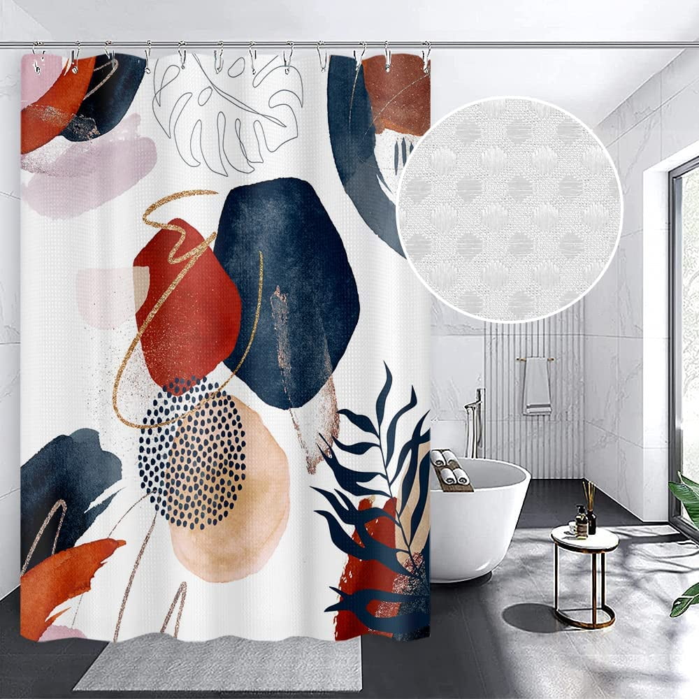 Boho Shower Curtain, Abstract Red Shower Curtain Mid Century Shower Curtain Set, Waterproof Waffle Fabric Shower Curtains for Bathroom Retro Neutral Shower Curtain Decor