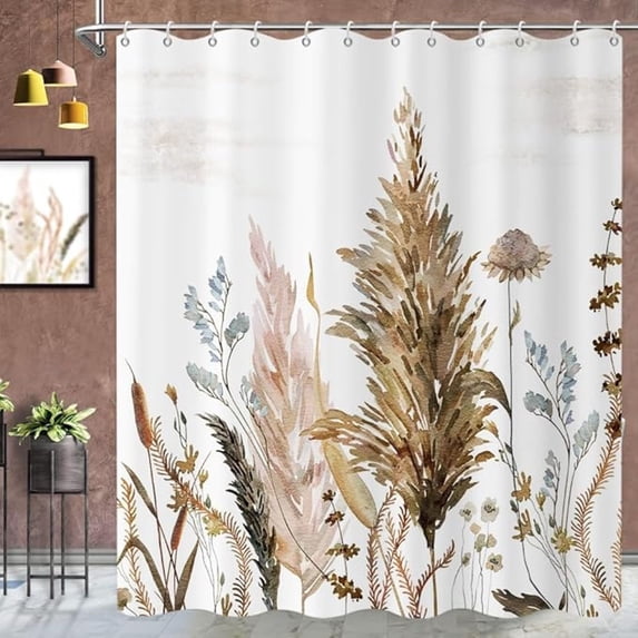 Boho Shower Curtain, Beige Blush Brown Watercolor Floral Plants Painting Farmhouse Bathroom Curtain Home Decor Waterproof Fabric Machine Washable With 12 PCS Hooks 72"W x 84"L
