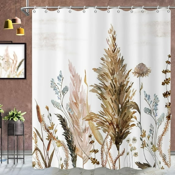 Boho Shower Curtain, Beige Blush Brown Watercolor Floral Plants Painting Farmhouse Bathroom Curtain Home Decor Waterproof Fabric Machine Washable with 6PCS Hooks,36" Wx72 L