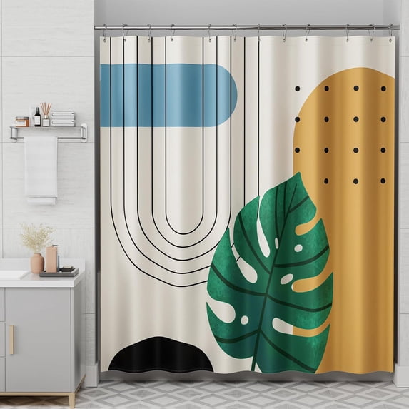 Boho Shower Curtain, Beige and Brown Abstract Cloth Shower Curtain with 12 Metal Hooks, Luxury Washable Farmhouse Polyester Fabric Bathroom Green Leaf Shower Curtain Sets, 72x72 Inches