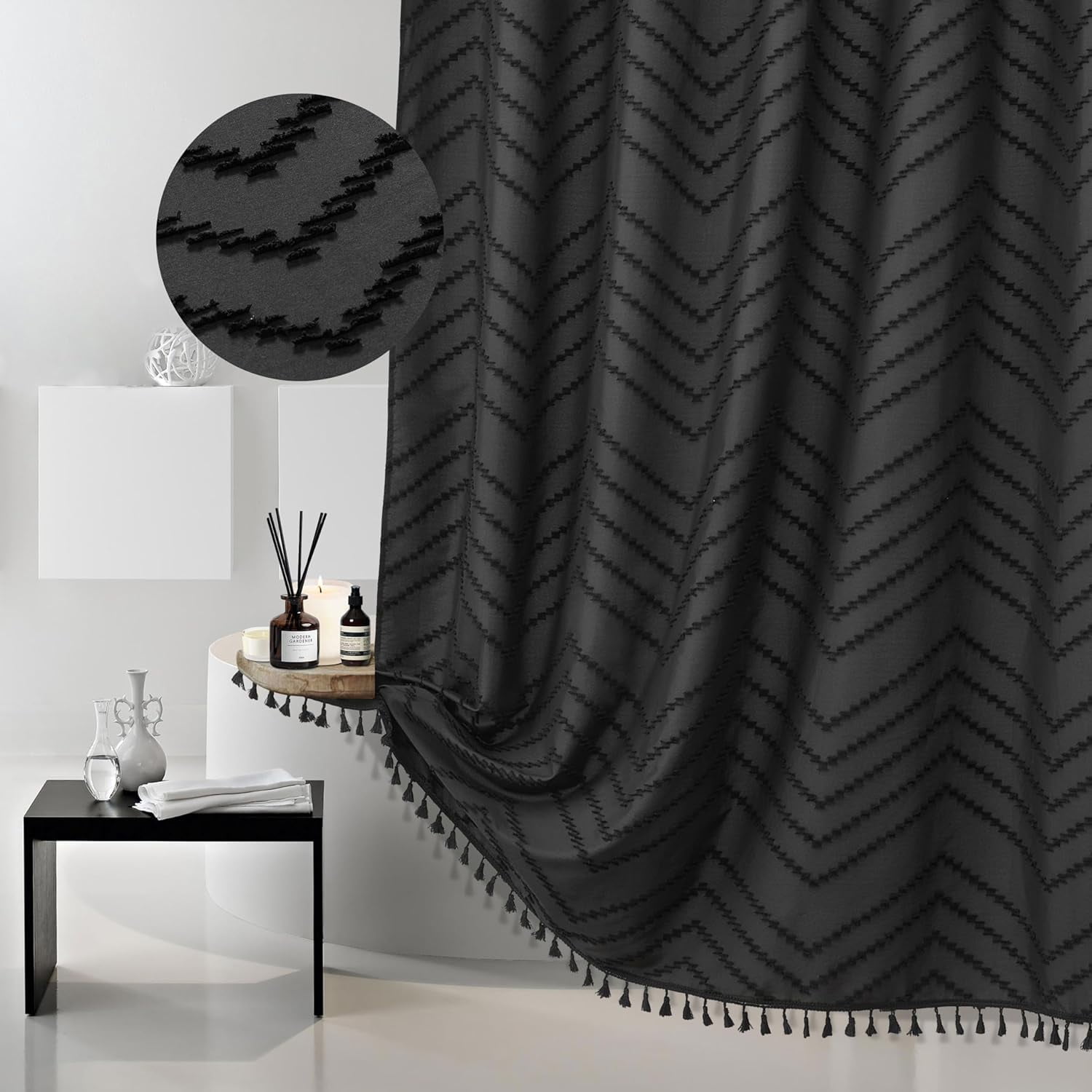 Boho Shower Curtain Black Tassel Woven Fabric Shower Curtain 72 X 72