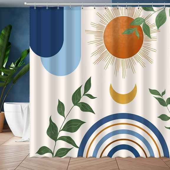 Boho Shower Curtain, Bohemian Blue Minimalist Simple Aesthetic Modern Bathroom Decor, Colorful Rainbow Sun Moon Natural Botanical Leaves Fabric Cloth Bath Curtain 60x72 Inches