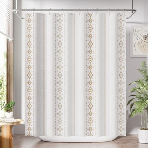 Boho Shower Curtain, Boho Cloth Shower Curtain with 12 Hooks, Hotel Quality Washable Rustic Farmhouse Polyester Fabric Bathroom Shower Curtain Set, 72x72 Inches