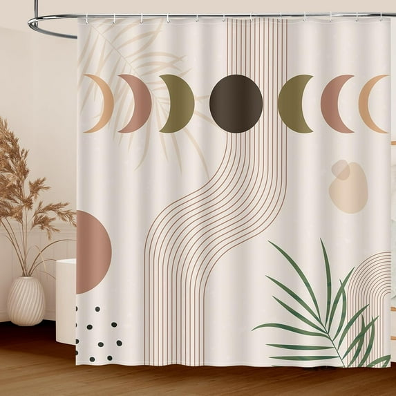 Boho Shower Curtain, Colorful Waterproof Fabric Cloth Shower Curtain Set, Spring Nature Leaf Sun Moon Abstract Lines Arch Modern Bathroom Curtains Decor with 12 Hooks, 72" x 72"