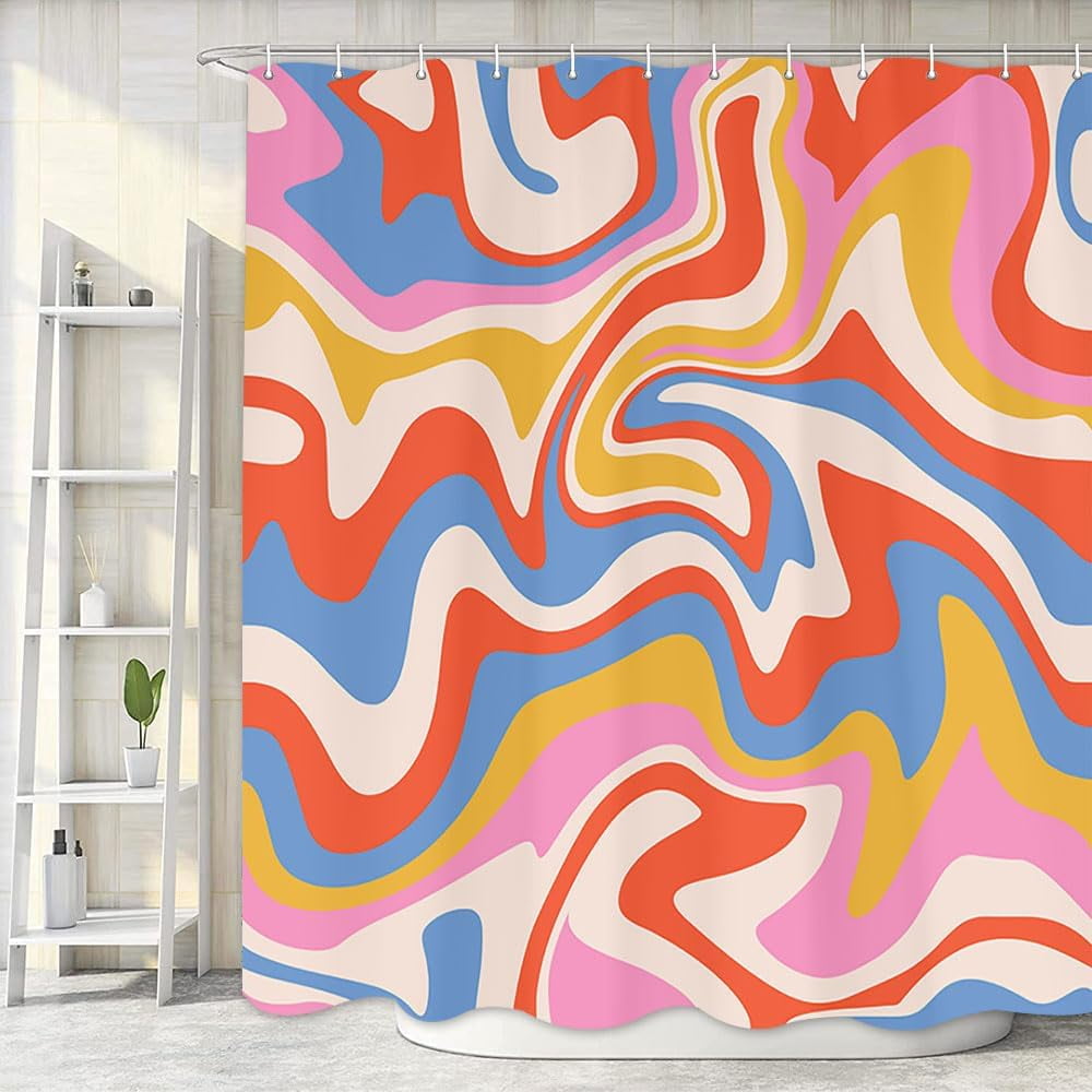 Boho Shower Curtain, Cute Aesthetic 70S Abstract Wavy Swirl Bathroom ...