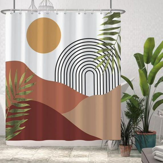 Boho Shower Curtain with Hooks Arch Sun Rainbow Green Leaves Mid Century Shower Curtain for Bathroom Washable Bathroom Accessories Bathtub Decor 72x72inch