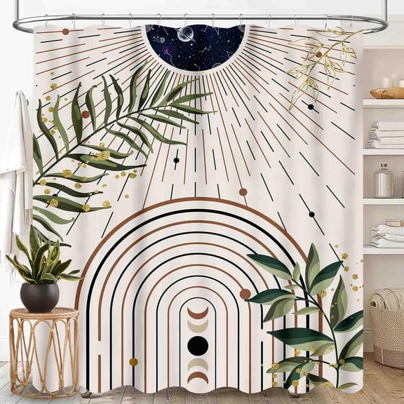 Boho Shower Curtain, Mid Century Modern Abstract Tropical Palm Sage Green Leaf Botanical Moon Phase Aesthetic Arch Waterproof Fabric Bath Shower Curtain Set with Hooks, 72"x72" Inch