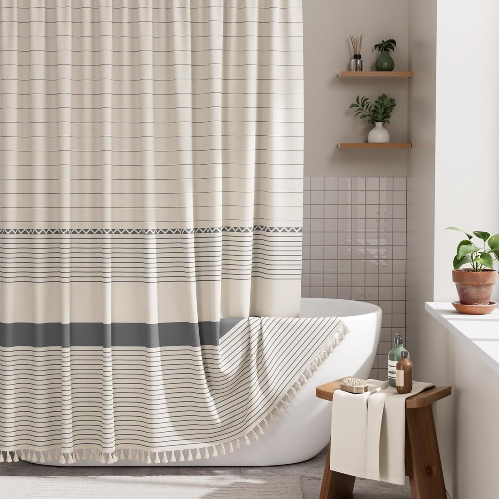 Boho Shower Curtain, Modern Farmhouse Shower Curtain Set with Tassels ...