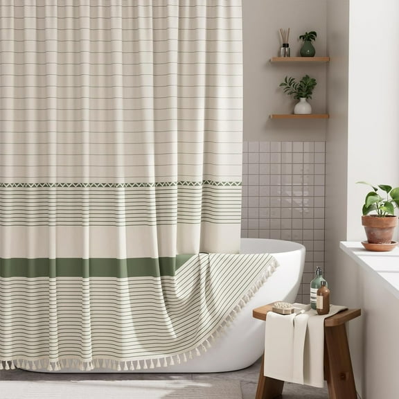Boho Shower Curtain, Modern Farmhouse Shower Curtain Set with Tassels, Rustic Faux Linen Green Striped Shower Curtain with Hooks, Light Tan Toned, 71x71 Inches