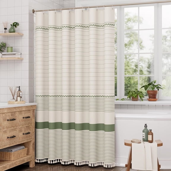 Boho Shower Curtain, Modern Farmhouse Shower Curtain Set with Tassels, Rustic Faux Linen Green Striped Shower Curtain with Hooks, Light Tan Toned, 72x72 Inches