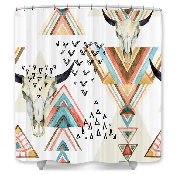 Boho Shower Curtain, Native Bull Skull Western Theme Bathroom Decor, Hooks Included, 36x72