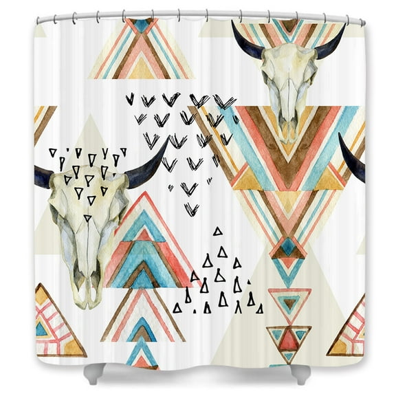 Boho Shower Curtain, Native Bull Skull Western Theme Bathroom Decor, Hooks Included, 69x72