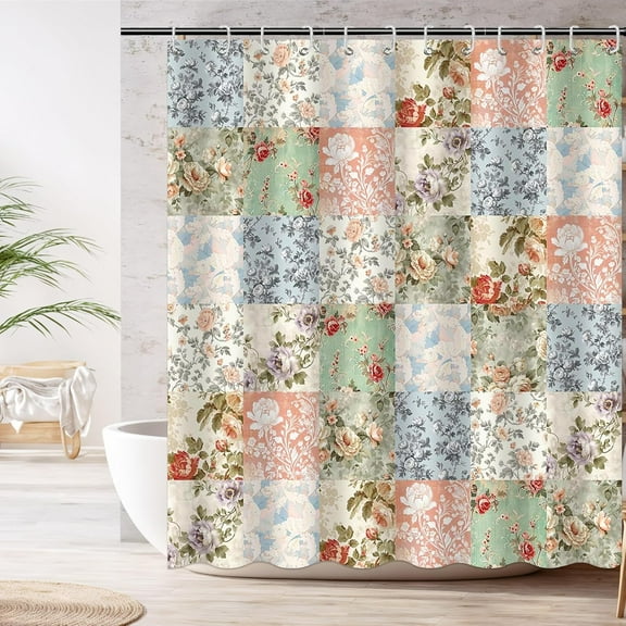 Boho Shower Curtain - Pink Floral Patchwork with 12 Hooks - Mid-Century Flowers Vintage Retro Bath Curtain for Boho Floral Bath Decor - Waterproof Fabric 66 X 72 Inch
