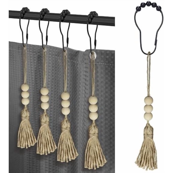 Boho Shower Curtain Rings for Bathroom Decor, Set of 12 Decorative Black Shower Curtain Hooks with Wood Beads Tassel, Silent Smooth Stainless Steel Rust Resistant Shower Rings (Black with Tassel)