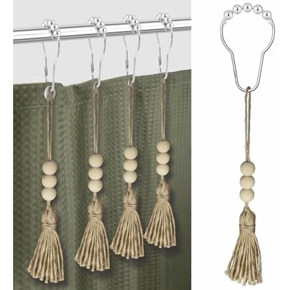 Boho Shower Curtain Rings for Bathroom Decor, Set of 12 Decorative Silver Shower Curtain Hooks with Wood Beads Tassel, Silent Smooth Stainless Steel Rust Resistant Shower Rings (Chrome with Tassel)