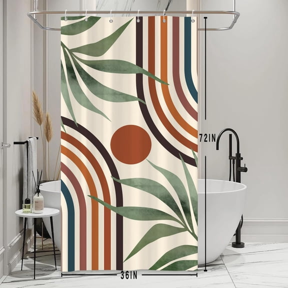 Boho Shower Curtain Set with Hooks Sage Green Leaves Shower Curtains for Bathroom Stall RV Mid Century Rainbow Arch Lines Fabric Waterproof Shower Curtain 36x72inches