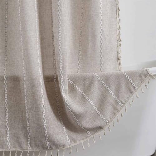Boho Shower Curtain with Tassel Modern Farmhouse Shower Curtain Set, Rustic Bathroom Decor, Heavy Duty Fabric Water Repellent with Hook, Taupe, 72x72 Inches