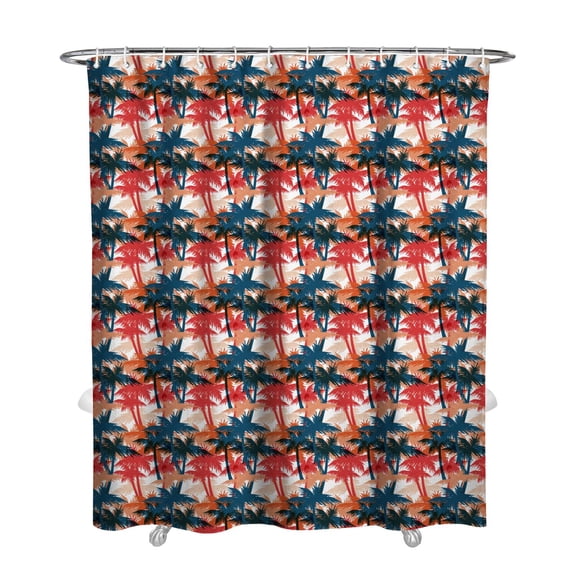 Boho Shower Curtain with Tropical Beach Sunset and Palm Trees, Vibrant Hawaiian Paradise Fabric, Waterproof and Machine Washable with Hooks for Summer Bathroom Makeovers