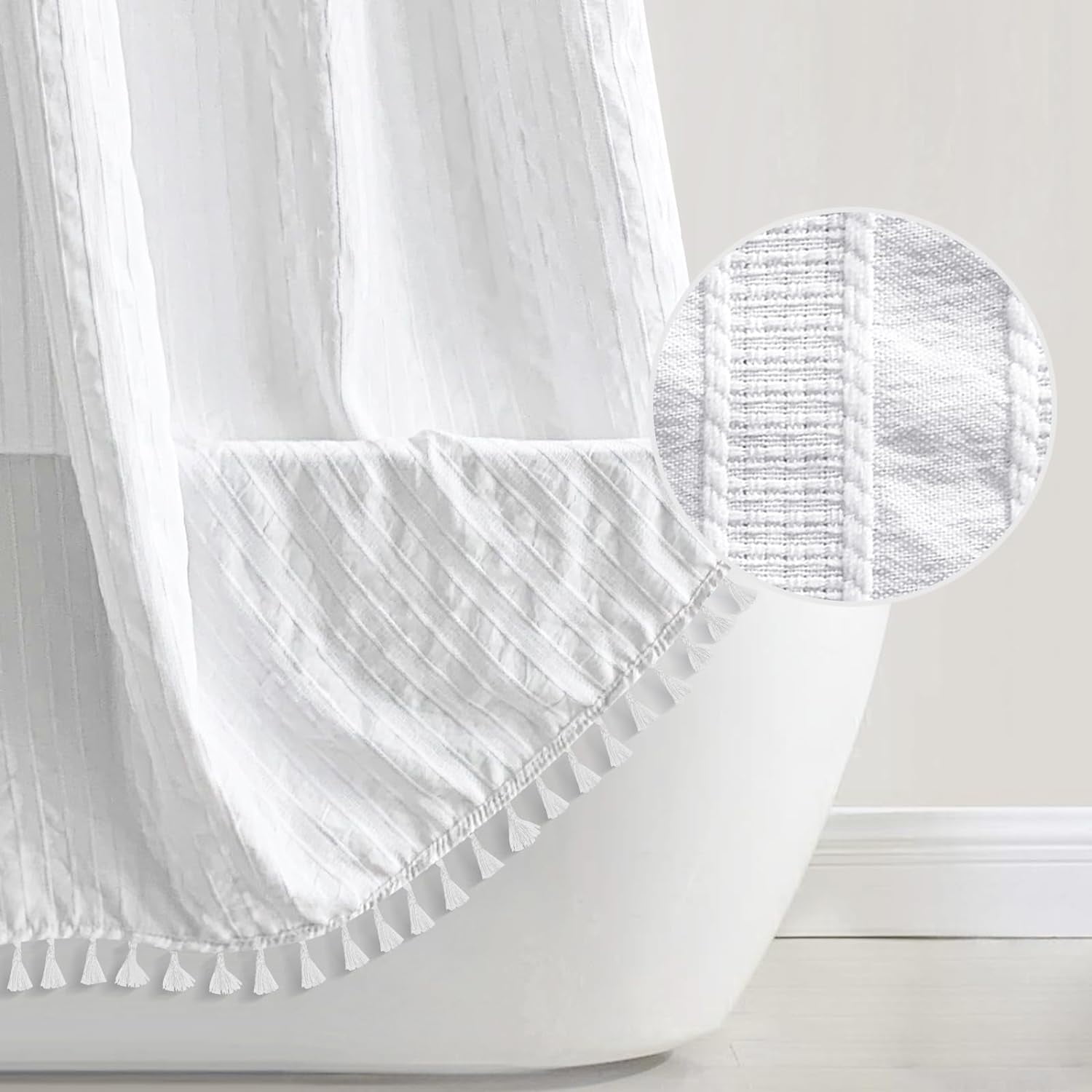 Boho Shower Curtain for Bathroom White Fabric Shower Curtain with