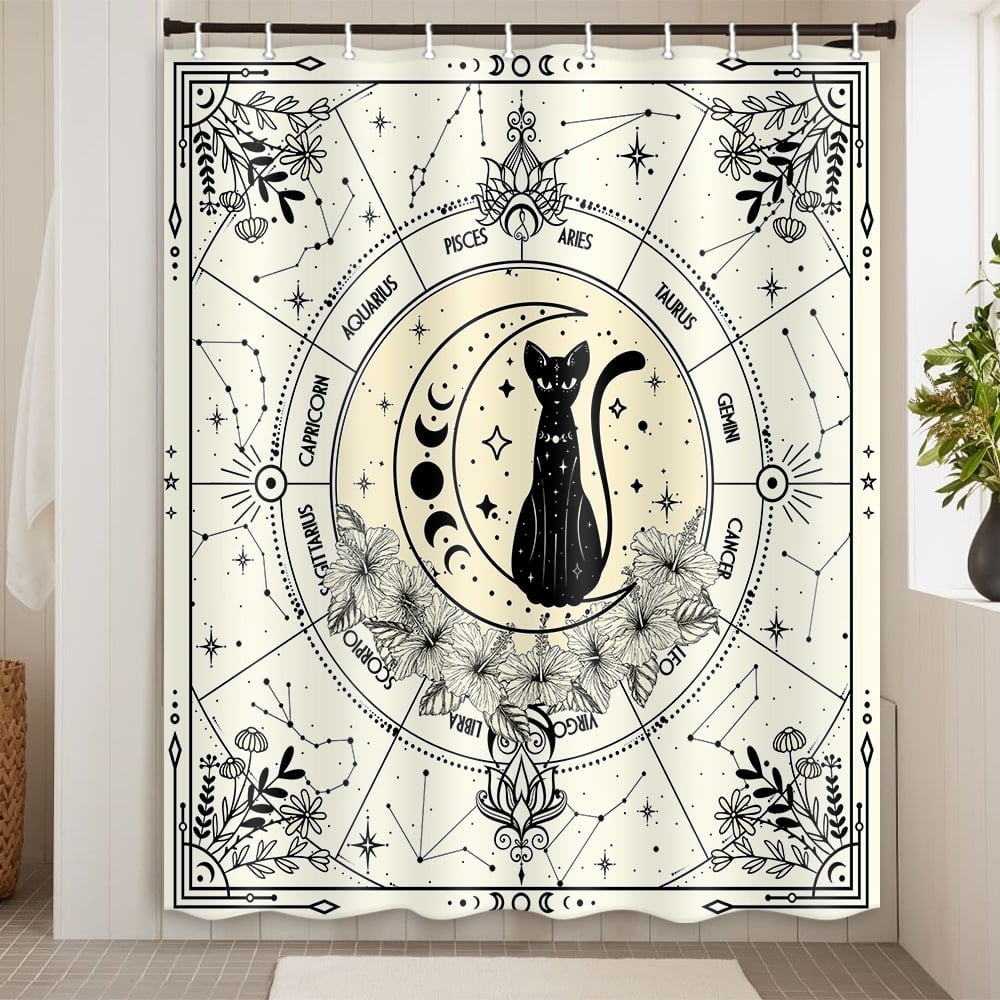 Boho Shower Curtains for Bathroom Moon Phase Black Cat Celestial Beige Shower Curtain Vintage Witchy Astrology Mysterious Celestial Waterproof Polyester Shower Curtain Set with Hooks 71X71 Inch