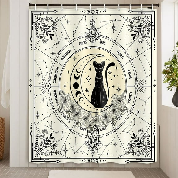 Boho Shower Curtains for Bathroom Moon Phase Black Cat Celestial Beige Shower Curtain Vintage Witchy Astrology Mysterious Celestial Waterproof Polyester Shower Curtain Set with Hooks 71X71 Inch