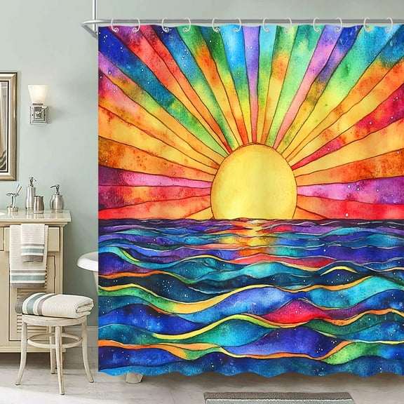 Boho Shower Curtains for Bathroom, Retro Abstract Colorful Sun Shower Curtain, Modern Geometric Sunshine Sunrise Sunset Ocean Sea Waves Bath curtain Art Home Decor Waterproof Fabric 12Hooks