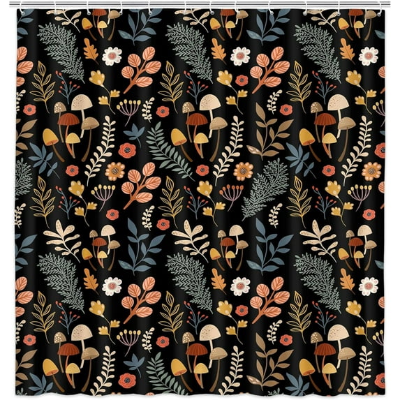 Boho Shower Curtains,Black Cute Floral Mushrooms Leaves Shower Curtain,Polyester Fabric Cloth Waterproof Decor Shower Curtain Set,71X71 Inch.