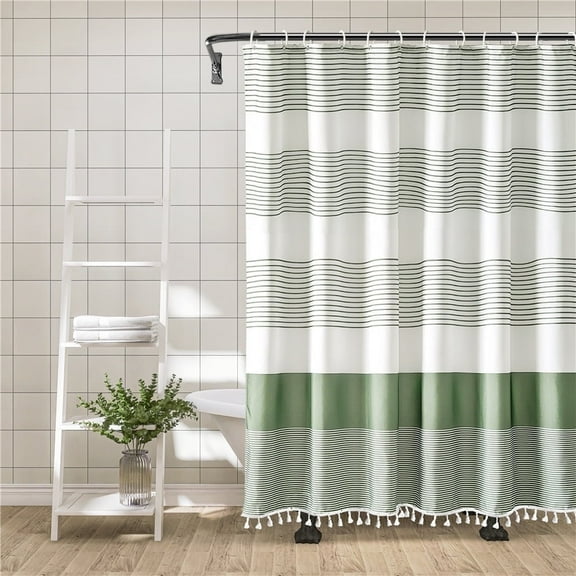 Boho Minimalist Shower Curtain, Sage Green Striped Bathroom Curtain with Tassel, Farmhouse Bath Decor with Hooks, 72 X 72