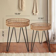 Boho Side Table Nesting Tables Set of 2, Wicker Coffee Table Living Room, Round Rattan Side Table, Bamboo Coffee Table for Balcony, Hallway