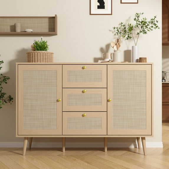Boho Sideboard Buffet with Adjustable Shelf, Rattan Buffet Cabinet with Drawers, Modern Mid Century Accent Storage Cabinet for Living Room, Entryway, Kitchen, Oak