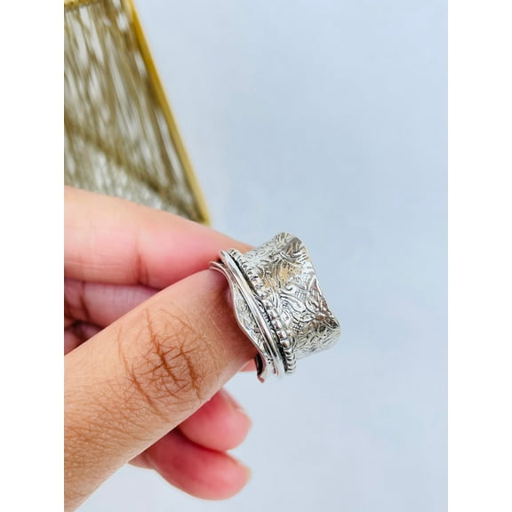 Boho Silver 925 Spinner Ring for Women – Handmade Meditation Fidget Ring, Stress Relief Thumb Ring, Vintage Sterling Silver Anxiety Band