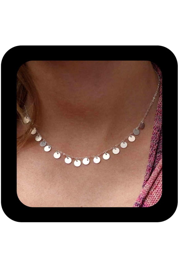 Boho Silver Disc Chain Necklace Plated Round Disc Dangle Necklace Tiny Sequin Chain Necklaces Sparkling Sequin Choker Necklaces Jewelry for Women