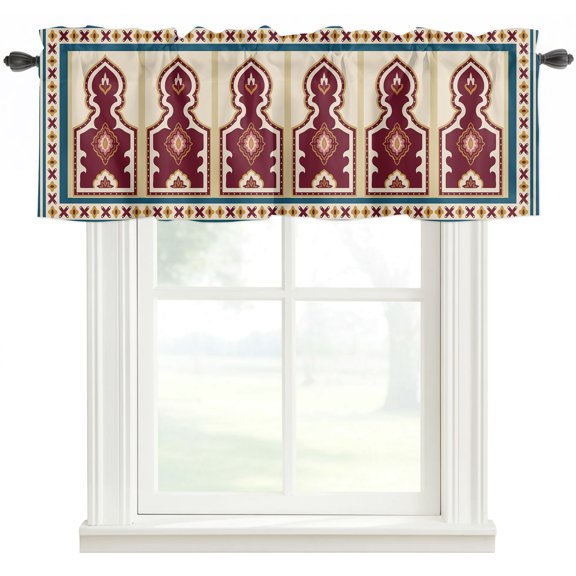 Boho Single Arch Kitchen Valances for Windows, Modern Red Floral Vintage Ethnic Blue Bathroom Window Valances 42x12 Inch Rod Pocket Window Treatments Valance Curtains for Living Room Bedroom Decor