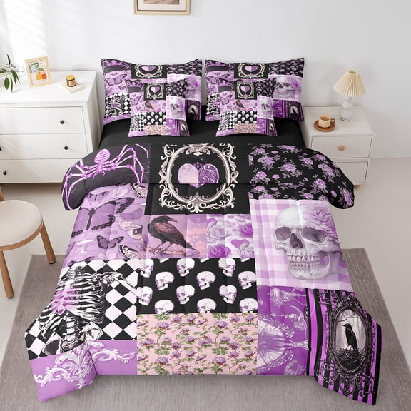 Boho Skeleton 7Pcs Comforter Set Twin,Black Crow Rose Flower Bedding Set,Gothic European Damask Floral Fitted Flat Sheet Teens Room Decor,Purple Striped Grid 2 Throw Pillow Covers