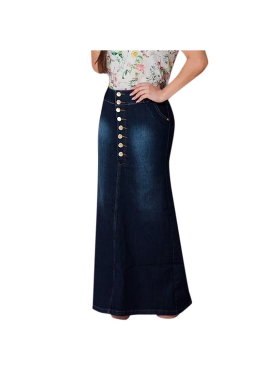 Boho Skirts For Women Short Casual Front Button Washed Denim A-Line Long Jean Floral Midi Skirt With Slit
