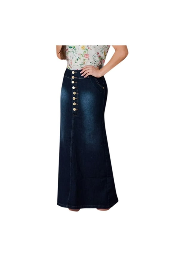 Boho Skirts For Women Short Casual Front Button Washed Denim A-Line Long Jean Floral Midi Skirt With Slit