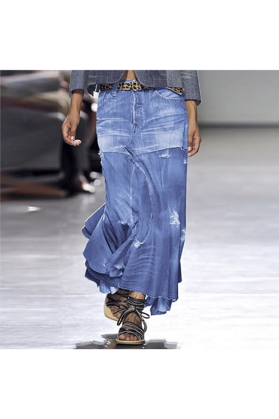 Boho Skirts for Women Long Pleated Skirts Summer Skirts Floral Maxi Skirts High Waisted Skirts A Line Skirts Flared Skirts Casual Skirts Beach Skirts for Holiday Beach Party Light Blue S