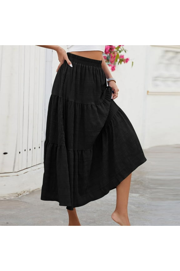 Boho Skirts for Women Plus Size New Women's Summer Casual Elegant Layered Tiered Maxi Skirt High Waisted a Line Flowy Long Skirts with Pockets Black S