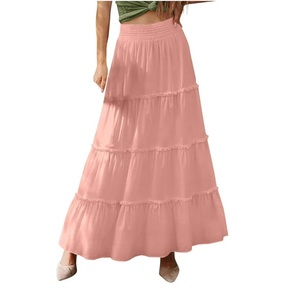 Xugsiok Boho Skirts for Women Solid Color Elastic High Waist A-Line Ankle-Length Skirt Summer Cool Trendy Skirt Fashion Ruffle Tiered Flowy Skirt for Beach Date Casual Going Out Party Walking