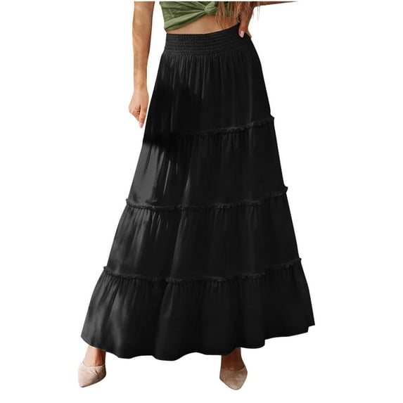 Amvlyk Boho Skirts for Women Solid Color Elastic High Waist A-Line Ankle-Length Skirt Summer Cool Trendy Skirt Fashion Ruffle Tiered Flowy Skirt for Beach Date Casual Going Out Party Walking