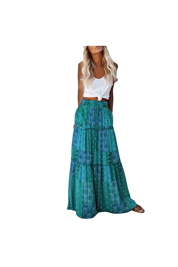 Boho Skirts for Women Vintage Printed Loose Casual High Waisted Drawstring Maxi Skirt with Pocket Summer Beach Clothing Long Skirts for Women