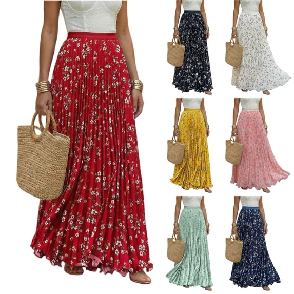 Boho Skirts for Women Comfort Waist Floral Long Flowy Skirts Casual Summer Vacation Pleated Skirts, S