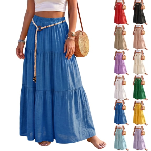 Boho Skirts for Women Elastic High Waist A Line Maxi Skirts Casual Summer Beach Vacation Flowy Pleated Skirts, L